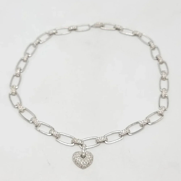 Sterling Silver .925 FAS Pave CZ Rectangle Link Necklace with CZ Heart Charm - Picture 5 of 8
